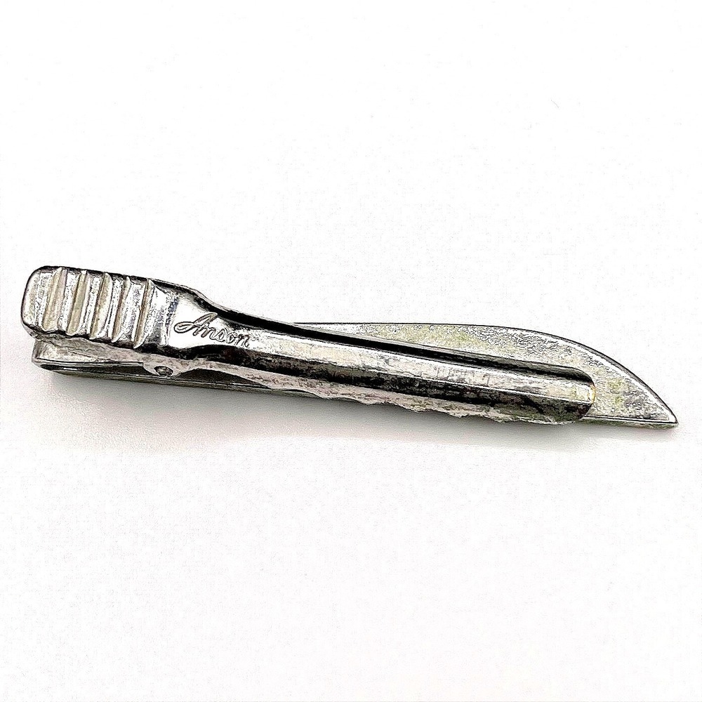 Vintage‎ Anson Silver Tone Tie Clip Bar Ridged Texture Formal Men's Accessory